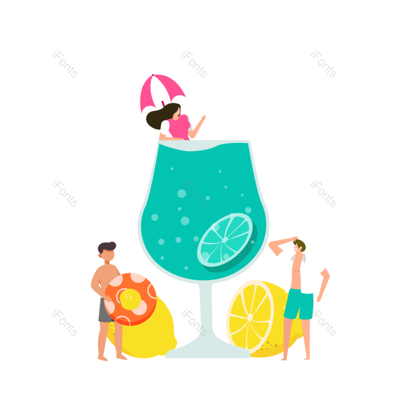 夏天图片,气泡水元素,扁平插画PNG,海边免抠素材